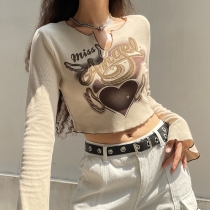 Printed skin color V-neck short long sleeve slim fitting T-shirt Spice Girl street casual versatile top T26913