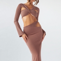 Solid color long sleeve sexy hollow T-shirt high waist skirt two-piece set S2910323W