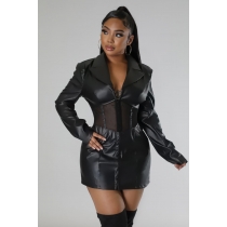 Women's flocked leather+mesh splicing one-piece leather skirt A870