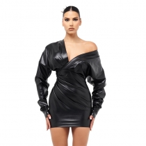 Fashionable PU leather deep V-neck sexy slim wrap dress K22D21526