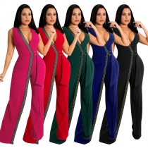 Deep v slim fitting jumpsuit simple fashion trousers with belt D1432