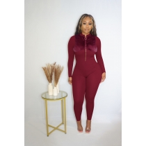 Autumn and Winter Women's Zipper Flange Plush Solid Pit Fabric Sexy Hip Lifting Jumpsuit W9329