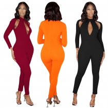 Solid color long sleeve invisible zipper sexy hollow hip jumpsuit W9332