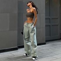 Drawstring waist casual straight trousers Fashion trend Women's simple loose overalls JY22278