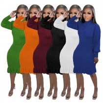 Women's solid color high collar ruffle hand knitted dress TS1232