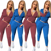 Solid zip hooded drawstring sweater two-piece sports suit CL283