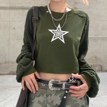 Hip hop patchwork lantern sleeve star pattern loose solid short sweater for women NW26091
