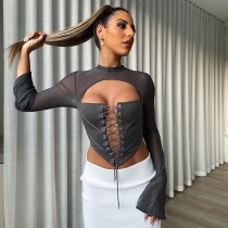 Solid casual backless round neck long sleeve lace mesh slim top Y22TP531