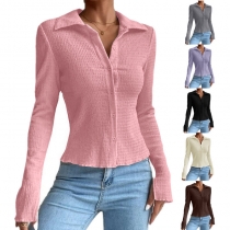Solid color splicing sleeve split cardigan button top lapel T-shirt OZN0871