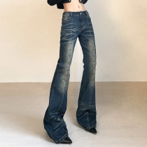 Featured Rivet Washed White Thin Leg Jeans Spice Girl High Waist Slim Slim Floor Puller Pants HGWIP29548