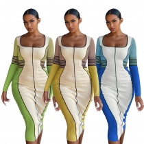 Autumn and winter color blocking threaded square neck print sexy slim dress Q22Y8252
