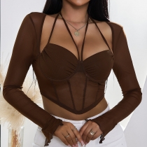 Neck hanging, navel exposed, pullover, trendy, sexy, chest wrapped, perspective, mesh long sleeves T22812W