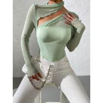 Sexy slim fitting T-shirt women's mesh splicing hollow long sleeve open navel pullover KLO23968