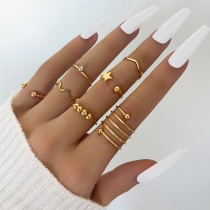 Simple geometric wave spring five pointed star beaded joint ring set seven piece ring sku6626