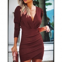 Narrow waist solid color V-neck long sleeve tight skirt ethnic style nightclub dress MQ67