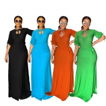 Solid color medium long sleeve temperament high split women's drawstring long dress dress YLY9886