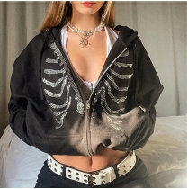 Casual solid breastbone hot drill zipper hooded loose sweater DP9713