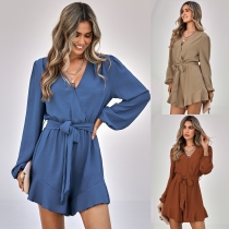 Women's fashion V-neck long sleeved solid casual jumpsuit 223LK51884