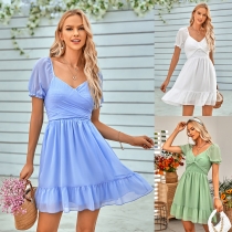 Casual women's spring and summer style V-neck solid color waist closing short sleeve dress 231LQ52643