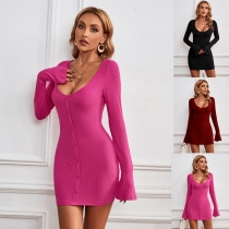 Sexy wrap hip skirt single breasted U-neck knitted long sleeve temperament dress CDCG2210