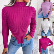 Sexy semi high neck long sleeve asymmetric knitting base sweater B2099