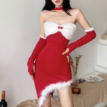 Solid Slim High Waist Fashion Off the Back Christmas Dress K22D21663