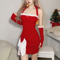 Christmas women's solid color slim fashion neck sexy backless dress K22S14635