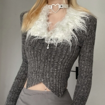 Fashionable fur stitching open navel zipper long sleeved T-shirt top NWMJT30348
