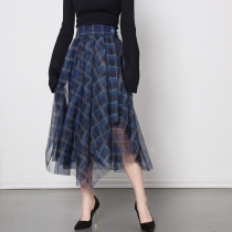 Fashionable High Waist Blue Plaid Mesh Skirt Multi layered Versatile A-line Skirt TSK24234P