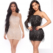 Fashionable sexy long sleeve one shoulder sequin fringed hip wrap dress JLX8778