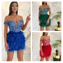 Sequins Feather Mini Dress Women Off Shoulder Sexy Shiny Luxury Prom Dress JLX988