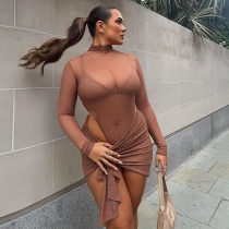 Women's fashion long sleeved sexy perspective one-piece dress slim skirt suit K22S21006