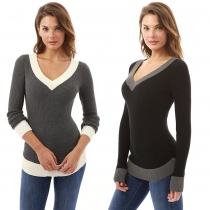 Sexy V-Neck Comfortable Long Sleeve Featured Color Contrast T-Shirt ZC2461
