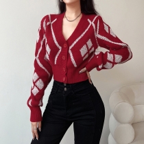 Rhombic color contrast breasted short sweater V-neck slim cardigan MIC19683