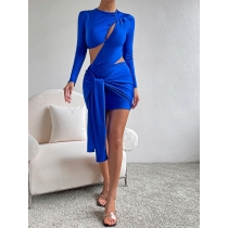 Sexy Hollow out Irregular Dress Long Sleeve Pleated Dress Tie ZY22231