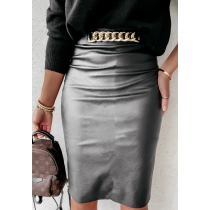 Temperament sexy high waist chain decoration hip leather skirt women's dress HMR1940