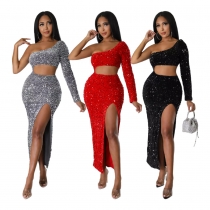 One shoulder fashion sequins sexy open cut buttocks women's dress YLY9965