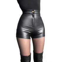 Black leather shorts women's autumn and winter high waist hip bag PU leather bottomed elastic sexy hot pants super short leather pants HY809