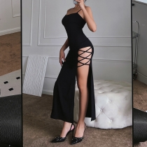 Sexy suspenders, side straps, hollowed out long skirt, slim and slit design, party dress LH22552