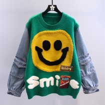 Denim splicing cartoon smiling face pullover sweater loose lazy style knitting coat B683236849403