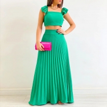 Solid short vest high waist pleated skirt fashion casual suit HK3084