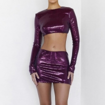 Women's sexy sequins long sleeved open navel hot girl blouse hip wrap short skirt pure sexy two-piece suit XR220131