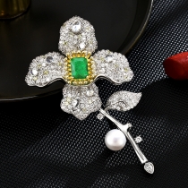 Heavy industry imitation emerald four leaf flower stereoscopic brooch thick gilded zircon temperament female brooch pearl brooch LXT0789SS