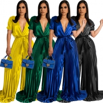 Sexy V-neck short sleeve banded pleated wide leg jumpsuit M7622