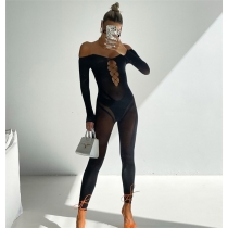 Sexy mesh perspective one-line neck hollow high-waisted trousers tight-fitting jumpsuit W22Q24214
