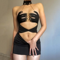 Fashion sexy chest wrap chain cut-out slim wrap hip dress K22D15567