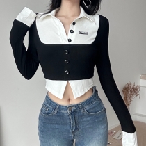 Women's short fashion color contrast fake two-piece single-breasted waistband slim long-sleeved T-shirt LQMKT31271