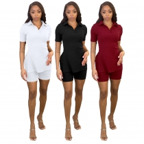 Fashion women's solid color short-sleeved rib side split button V-neck casual two-piece set H0226