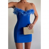 Fashion backless party party bra dress with fur edge V-neck tight sexy buttock skirt JY22545