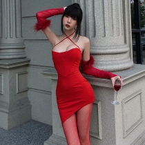 Spicy Girl Waist Asymmetrical Strap Dress Sexy Slim Retro Hanging Neck Solid Color Hip Wrap Skirt JY22599